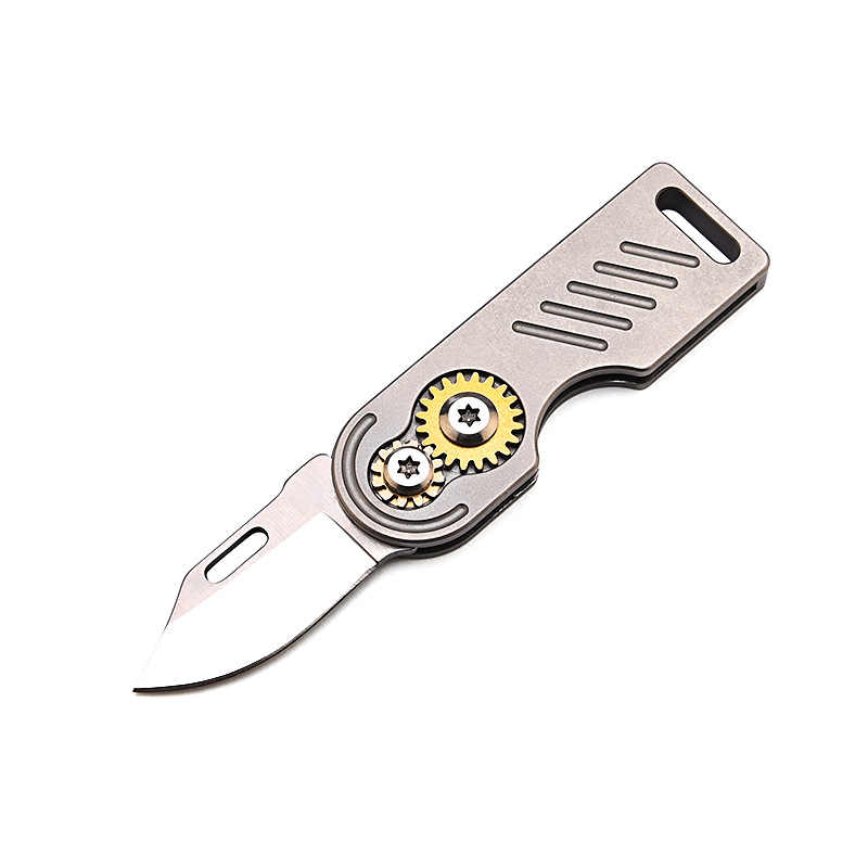 Titanium alloy gear knife, sharp and high-hardness D2 steel mini folding knife, portable keychain, portable unboxing and express delivery knife Item Picture
