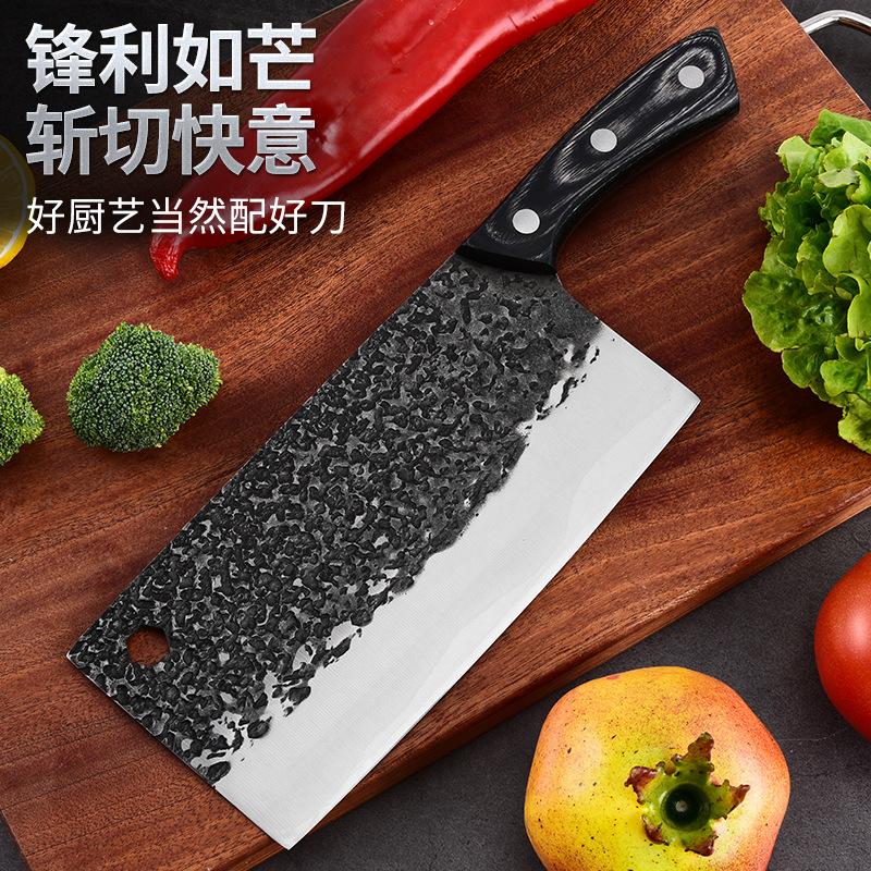 Sharp kitchen knife, express slicing knife, household stainless steel meat and vegetable cutter, black color wood dot pattern three-in-one steel chopping knife full figure