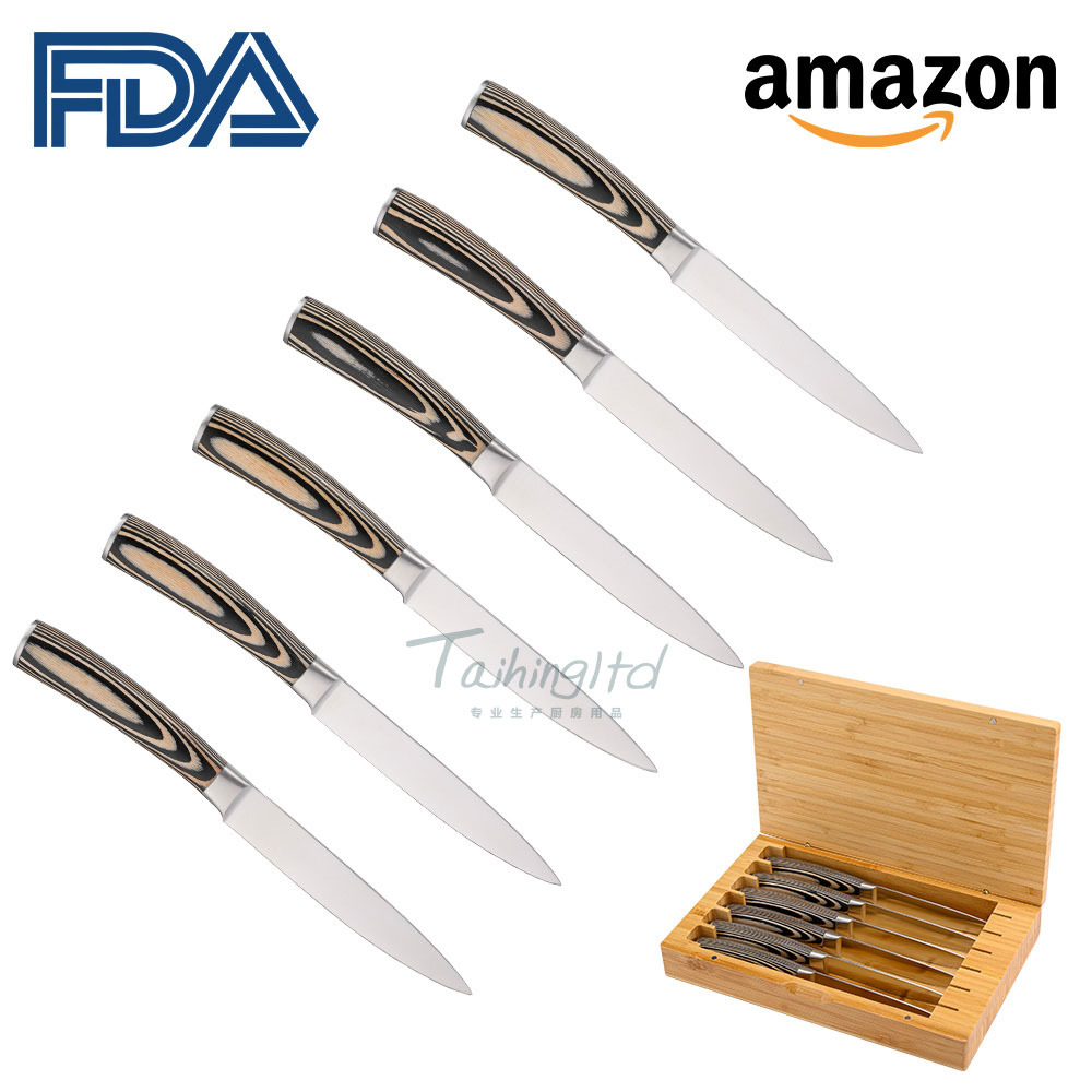 Six-piece stainless steel steak knife, black and white colored wooden handle steak knife, commercial and household Western cuisine knife and fork set details Picture