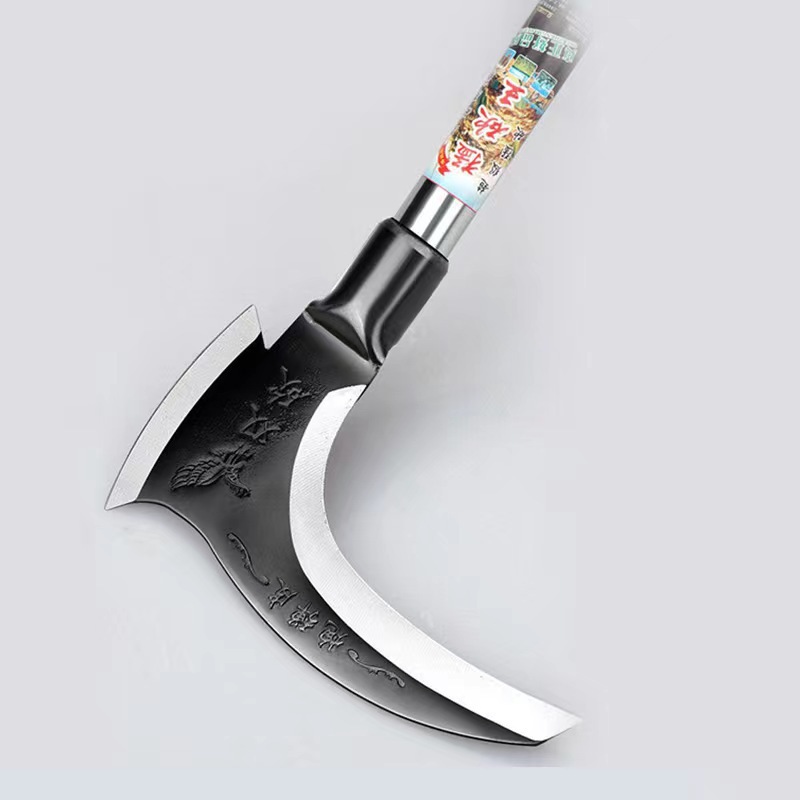 High manganese steel double-chop sickle, large long-handled agricultural straw and grass cutting, wide fan sickle, dual-purpose tree branch and firewood cutting knife Specification drawing