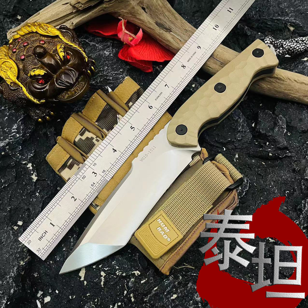The new VG10 Titan high-hardness forged large and small straight knife is an outdoor multi-functional portable camping and picnic survival knife full figure