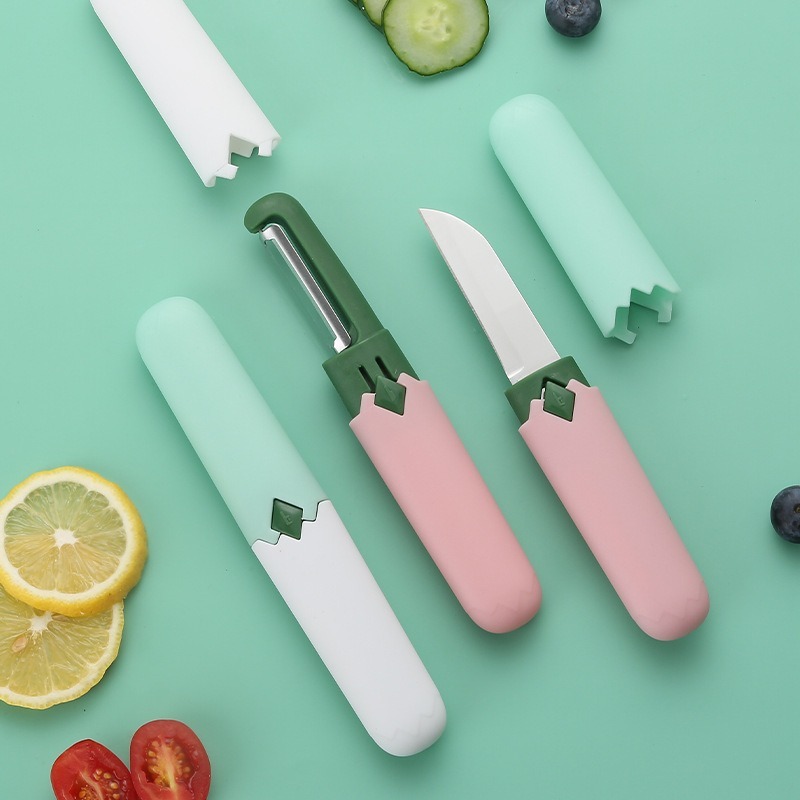 This multi-functional two-in-one fruit knife is a portable peeler, cutlery and peeling tool. It is a perfect fruit slicer for home use, dormitories and offices details Picture
