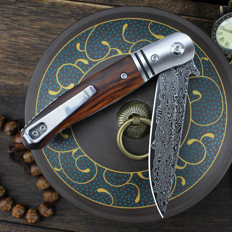 GT-0214 outdoor folding knife, rosewood handle, Damascus blade, ball bearing, cross-border wholesale handmade knife Specification drawing