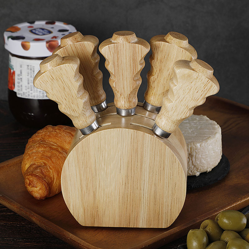 Cross-border cheese knife, rubberwood storage rack, Christmas tree handle, cheese knife set, 5-piece set, cream knife with knife holder Specification drawing
