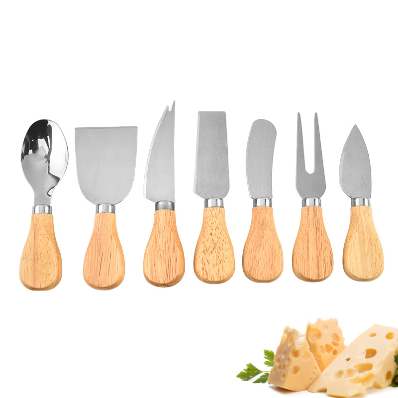 Factory wholesale stainless steel cheese knife 4-piece set, wooden handle household cheese butter knife, kitchen cheese knife set full figure
