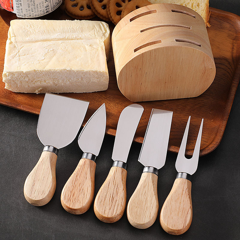 Cross-border oak seat cheese knife, cheese knife, cheese tools, wooden handle, Western-style knife and fork, stainless steel cheese knife 5-piece set details Picture