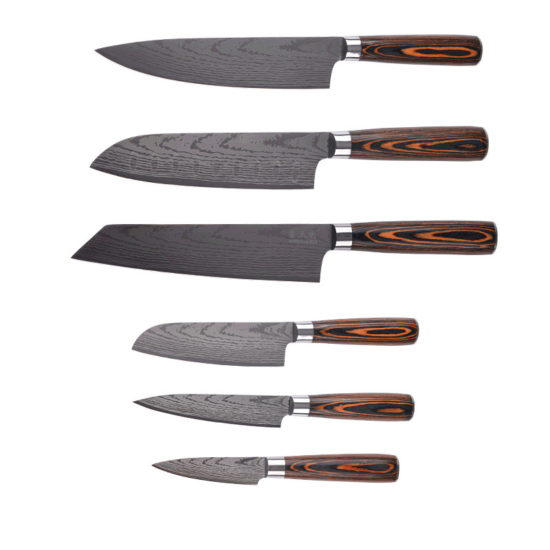 A new 6-piece set of 5CR15 stainless steel laser Damascus Japanese knife, chef knife and meat knife is now available in stock Item Picture