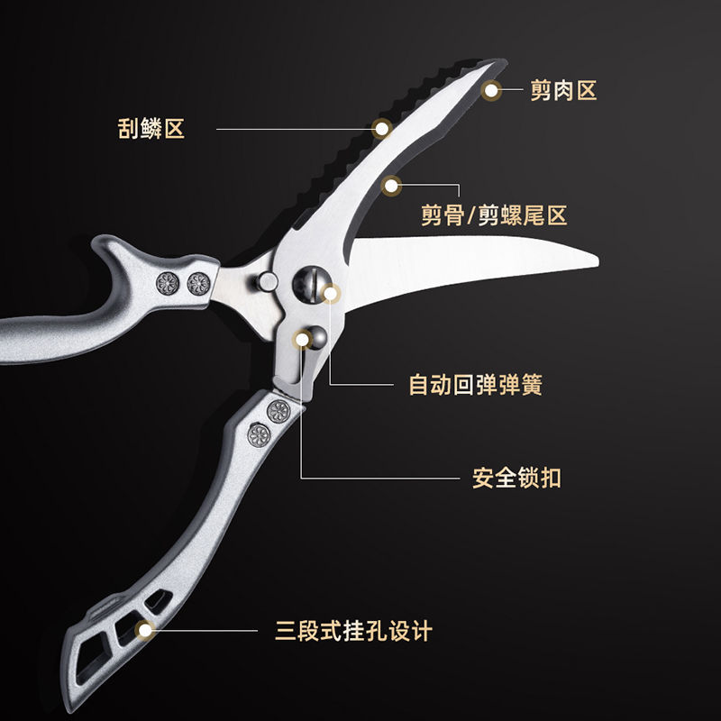 Stainless steel kitchen chicken bone scissors, multi-functional household rebound scissors, aluminum handle, chef's powerful scissors for fish, shrimp and crab Application Scenario