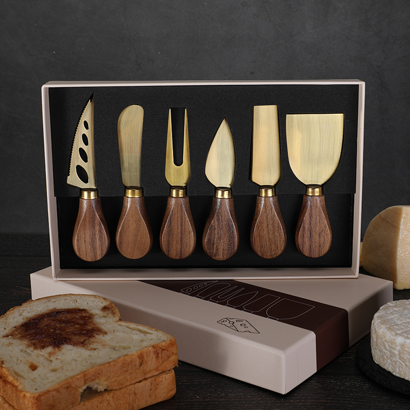Cross-border walnut handle cheese tool set, 6-piece Western knife and fork, butter spatula, stainless steel cheese knife set Specification drawing