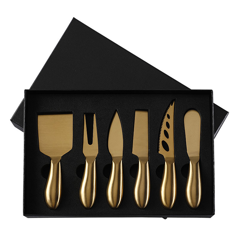Factory stock stainless steel hollow handle cheese knife six-piece gift box set, all-steel cheese knives, tableware, knives and forks Item Picture