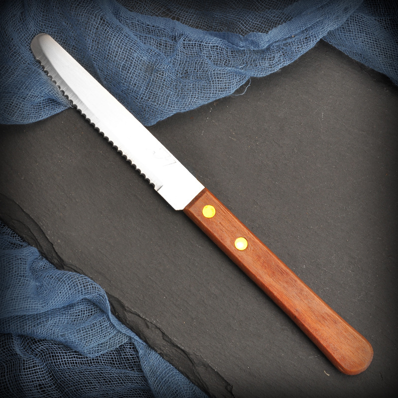 Wooden-handled round-head knife, steak knife, stainless steel Western-style knife, steak knife, sharp Western-style steak knife, household dining knife full figure