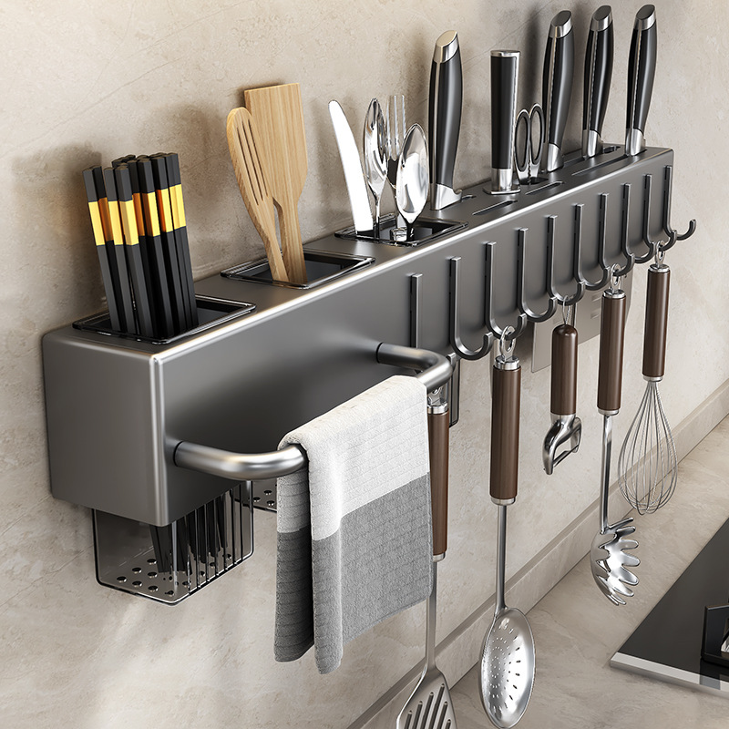 Kitchen knife rack without drilling, kitchen storage rack, kitchen knife storage rack, wall-mounted integrated chopstick and knife storage rack full figure