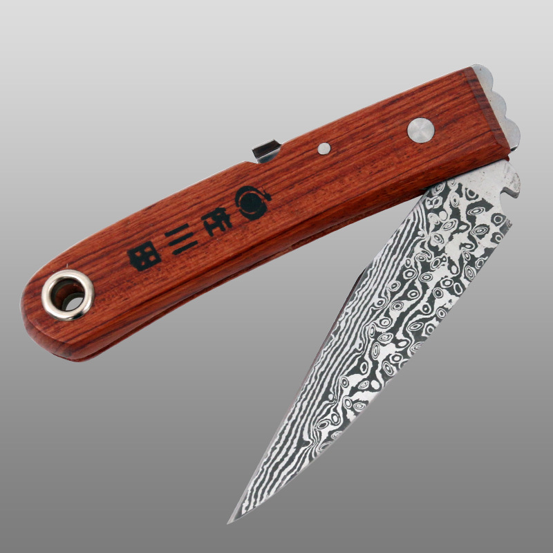 Sakawa-da 1092 grafted knife, bud grafted knife, Japanese steel, Taiwan grafted wood knife, folded Damascus pattern details Picture
