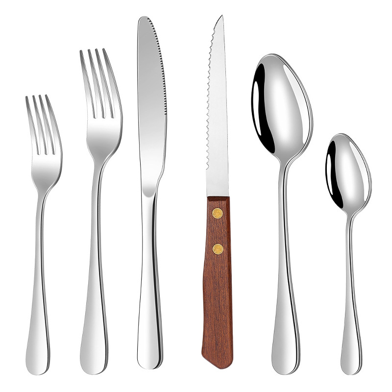 Amazon stainless steel kitchenware and tableware, wooden handle serrated cake knife, steak knife, fine serrated cheese and steak knife details Picture