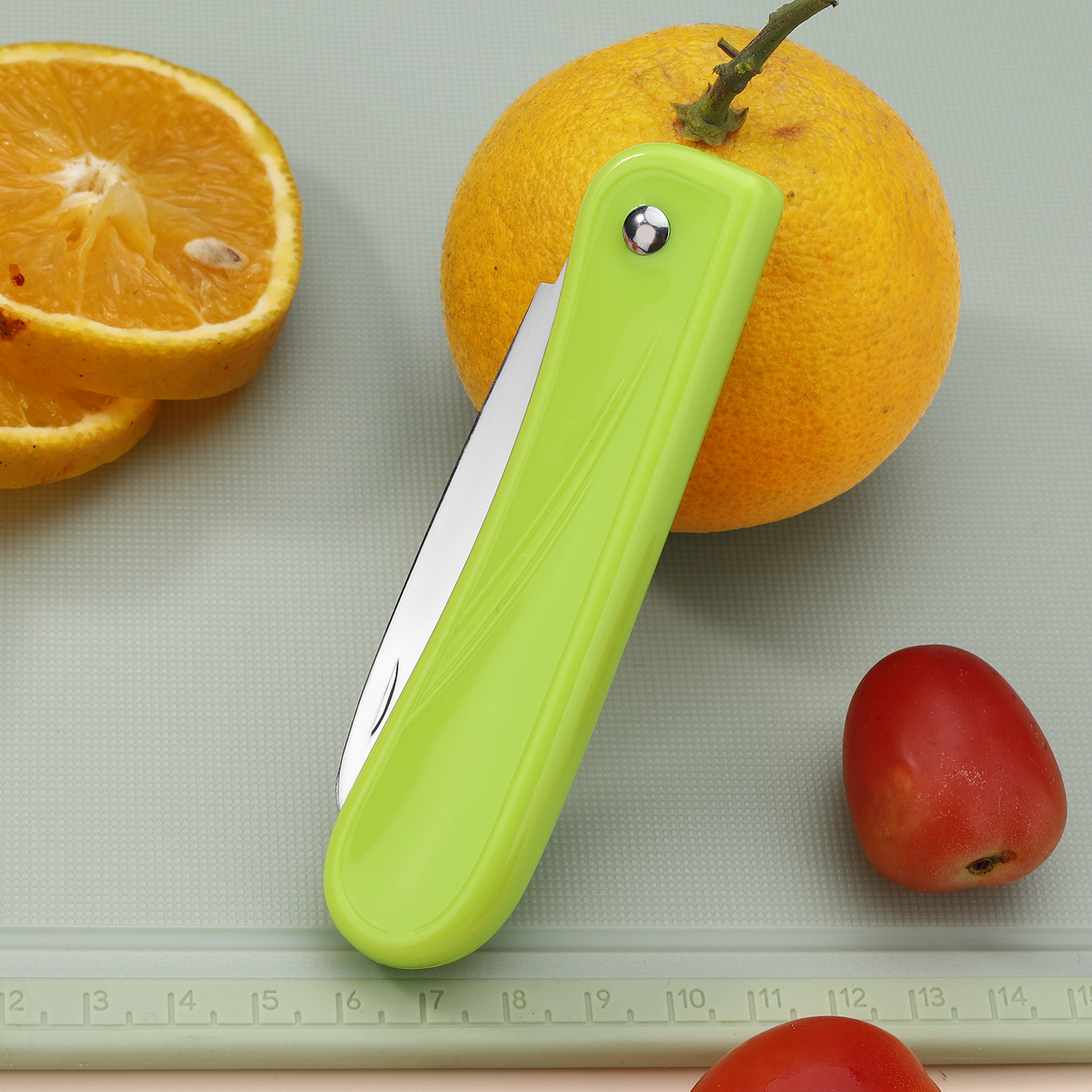 Stainless steel multi-functional fruit knife, household fruit peeler and scraper, portable candy-colored fruit knife, melon slicer Specification drawing