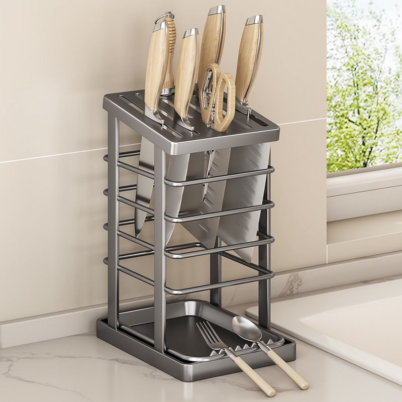 Cross-border stainless steel knife rack, household kitchen countertop, kitchen knife storage rack with draining tray, storage knife holder, consignment full figure