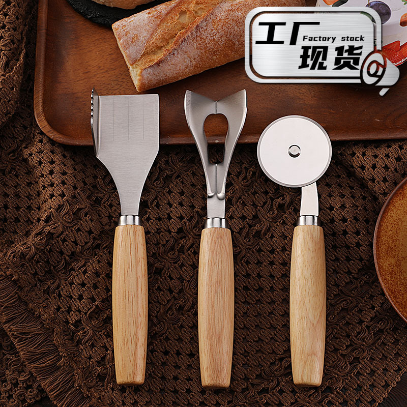 Cross-border stock rubber woodblock cheese and cheese knife, pizza wheel knife, stainless steel triangular right-angle butter cutting knife full figure