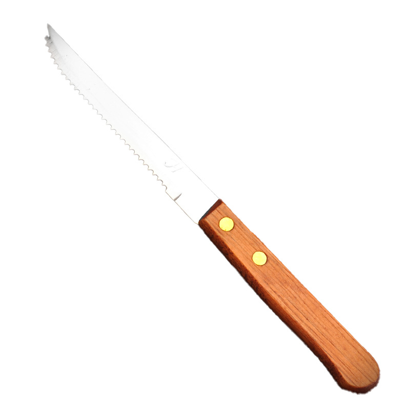 Wooden handle pointed tip knife, stainless steel kitchenware, steak, pork chop, fruit knife, stainless steel wooden handle steak serrated, Western cuisine knife and fork Item Picture