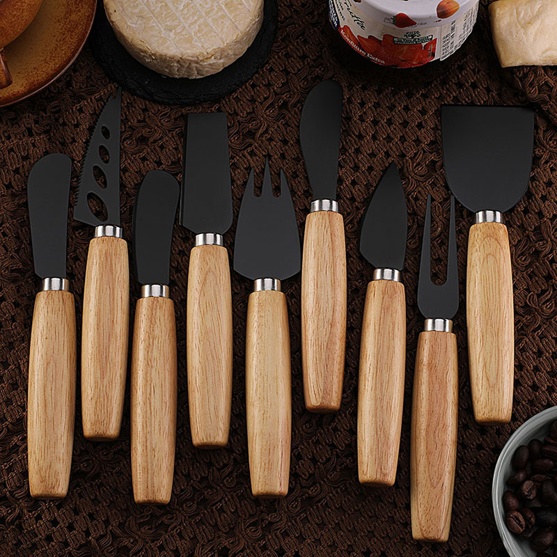Cross-border in-stock stainless steel black non-stick coated cheese knife and fork, rubber wooden handle cheese knife, cheese knife set Application Scenario