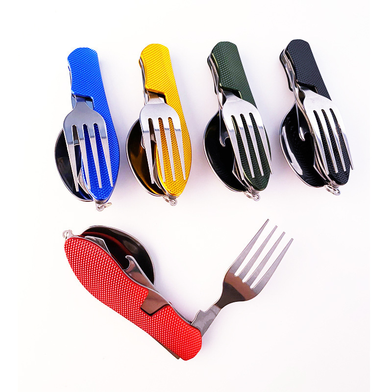 Source factory multi-purpose tool three-in-one picnic knife, fork and spoon set, multi-functional folding travel meal knife that can be folded full figure