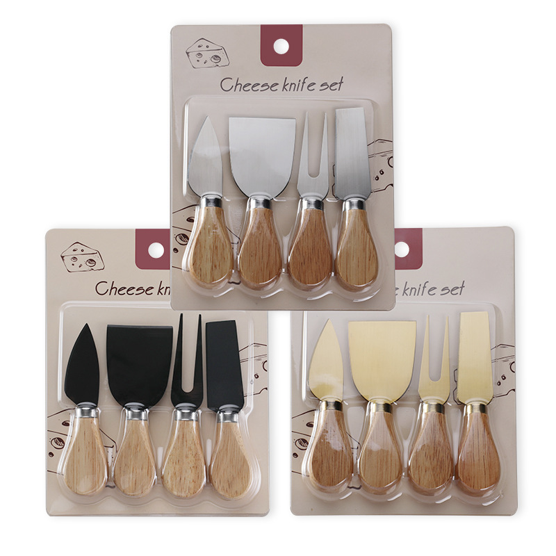 Factory stock: card-inserting packaging, rubber wooden handle, cheese tool, knife, fork, stainless steel 4-piece set, cheese knife cover Item Picture