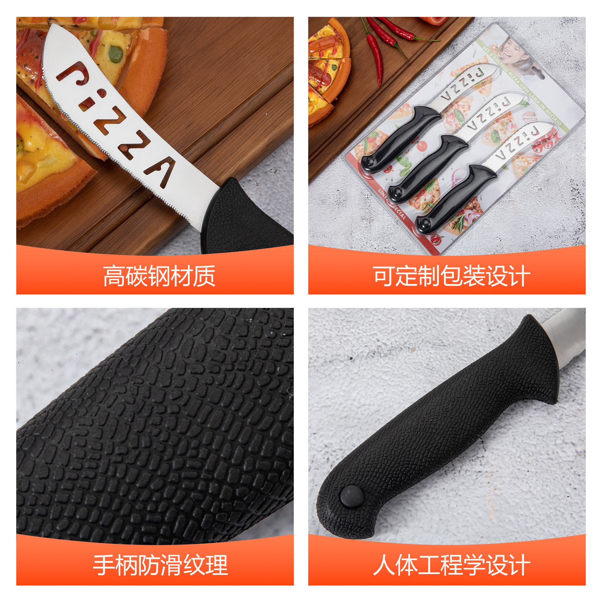 Cross-border best-selling kitchen knife 3PC set, stainless steel steak knife, home pizza knife, butter cheese knife in stock details Picture