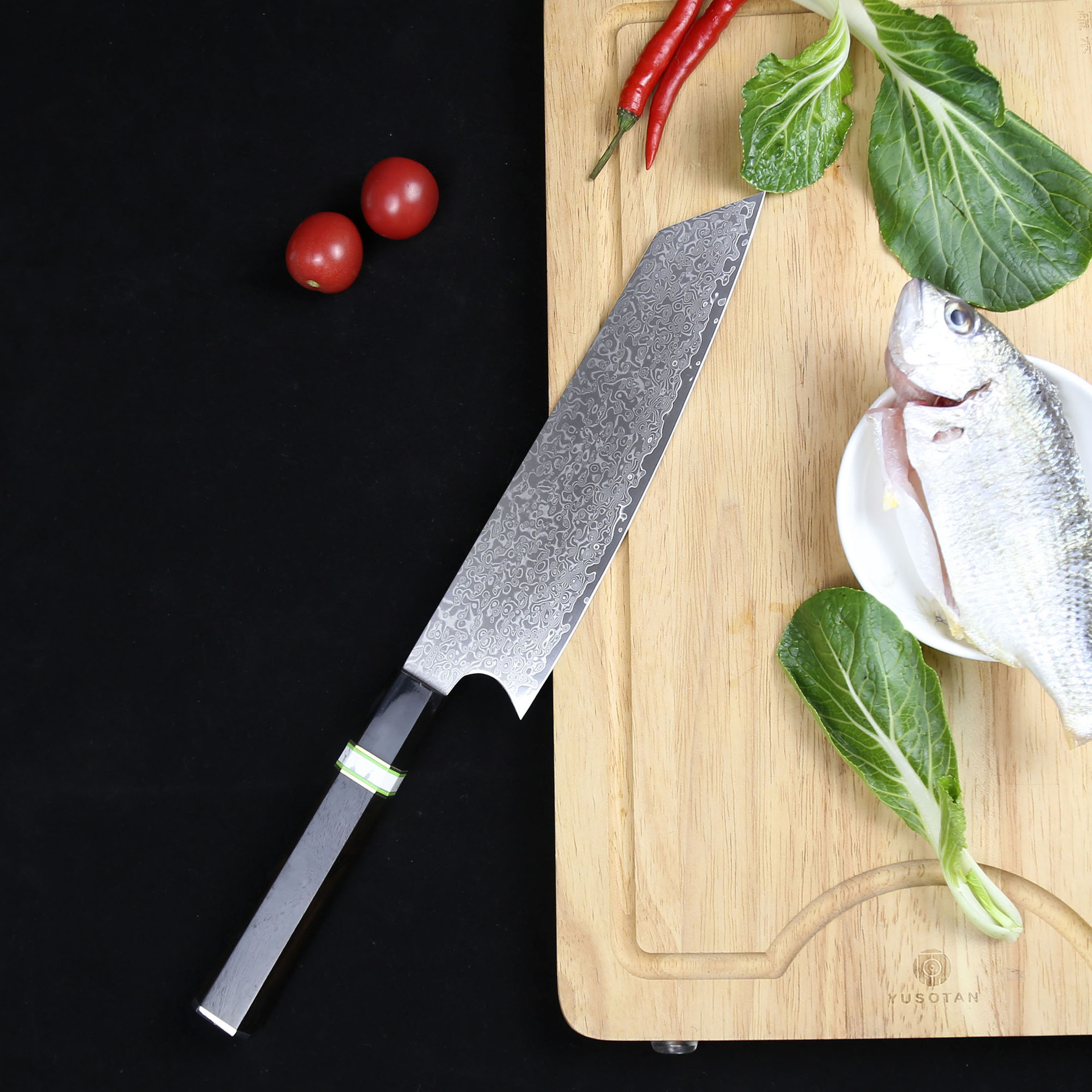 Ebony handle Damascus steel knife, 8-inch cutting knife, bullknife, chef's knife, Western cooking knife, raw fish knife Specification drawing