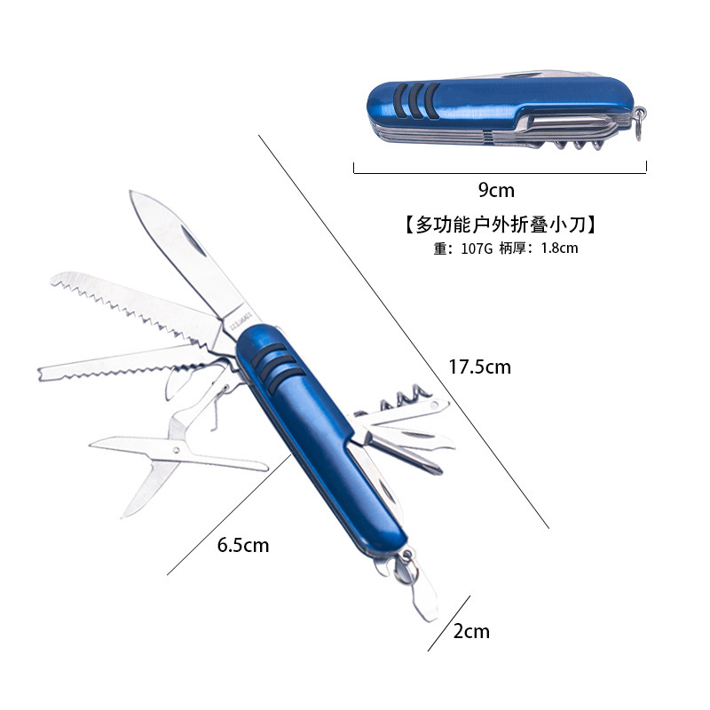Stainless steel multi-functional Swiss knife, portable folding knife, outdoor multi-purpose combination knife and scissors, survival and self-defense knife Specification drawing