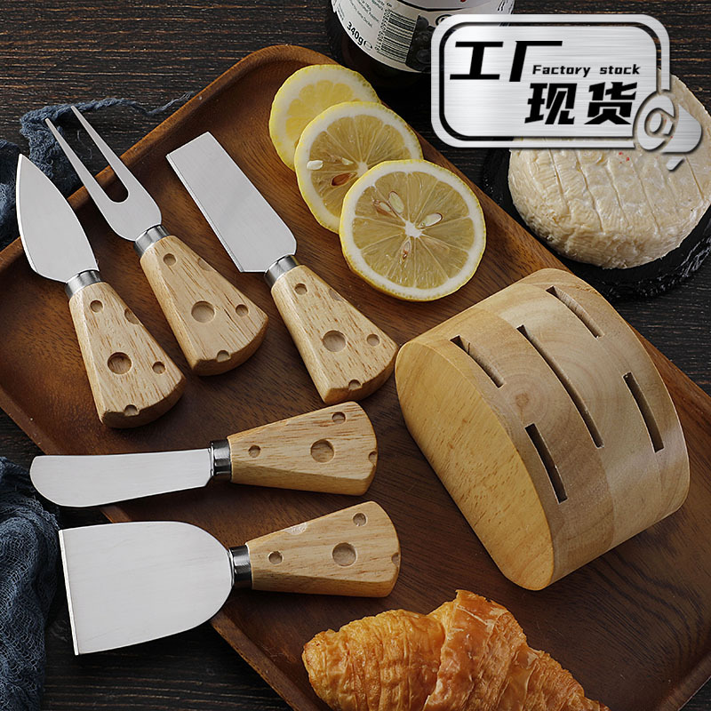 Cross-border stock rubber wooden handle cheese handle cheese knife set, stainless steel cheese knife and fork 6-piece set with wooden base details Picture
