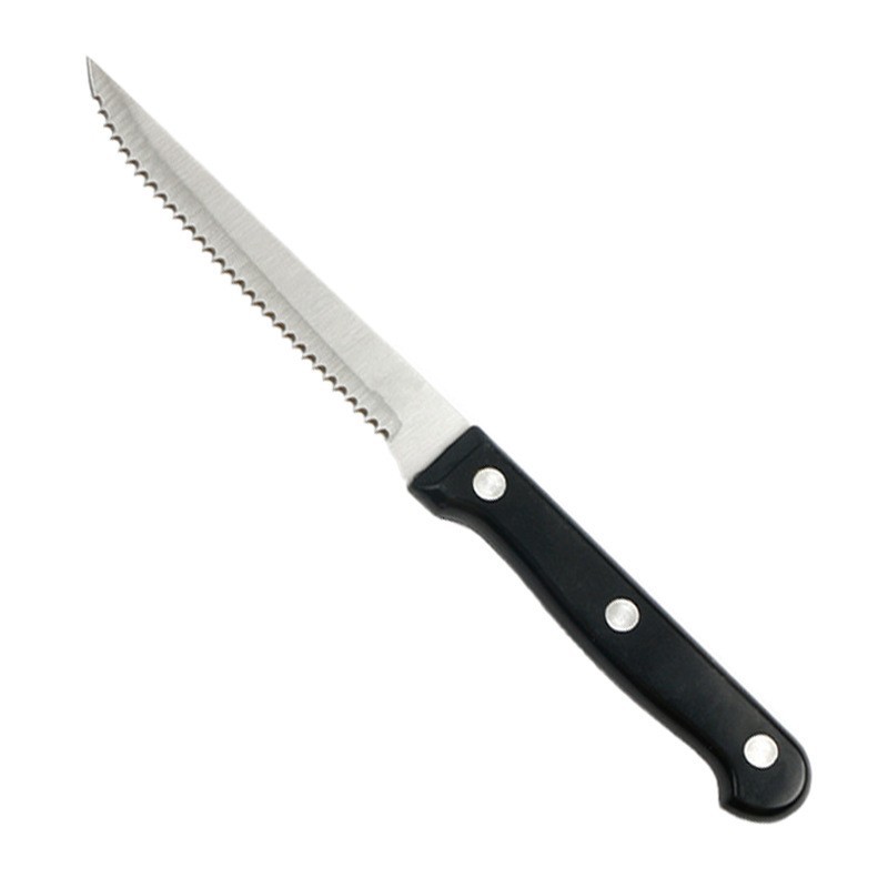 In stock: 4.5-inch stainless steel steak knife with pointed tip, plastic-handled serrated steak knife, hotel and household special dining knife Item Picture