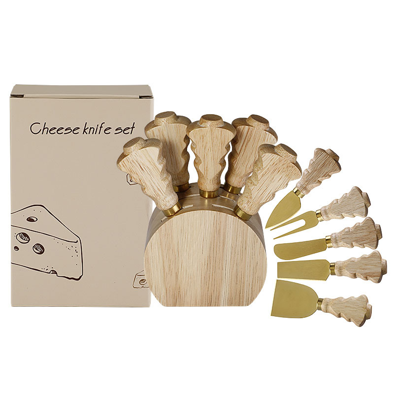 Cross-border cheese knife, rubberwood storage rack, Christmas tree handle, cheese knife set, 5-piece set, cream knife with knife holder Item Picture