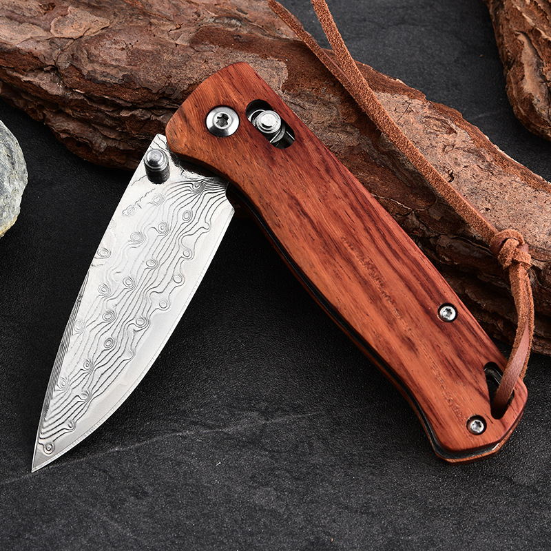 Damascus steel folding knife, outdoor knife, camping knife in the wild, outdoor knife, meat and fruit knife, portable knife Application Scenario
