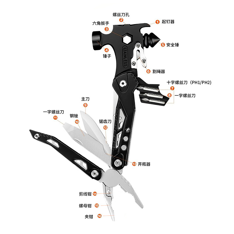 Wholesale outdoor multi-functional window-breaking tools, hammer pliers, portable vehicle-mounted survival and camping folding multi-purpose emergency escape hammers Specification drawing