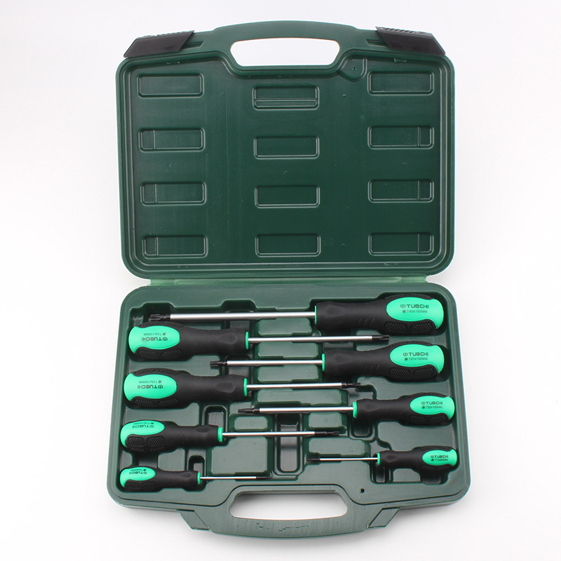 The T20, T8, T10, T25, T30, T40 star-shaped screwdriver with a center hole and a cross-shaped screwdriver set is hollow with six holes inside full figure