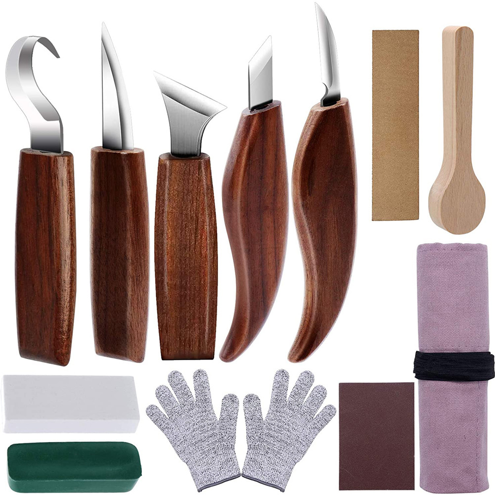 Cross-border walnut wood chrome-vanadium steel carving knife, wood shaving knife, wood scraping knife, spoon knife, woodworking carving set full figure