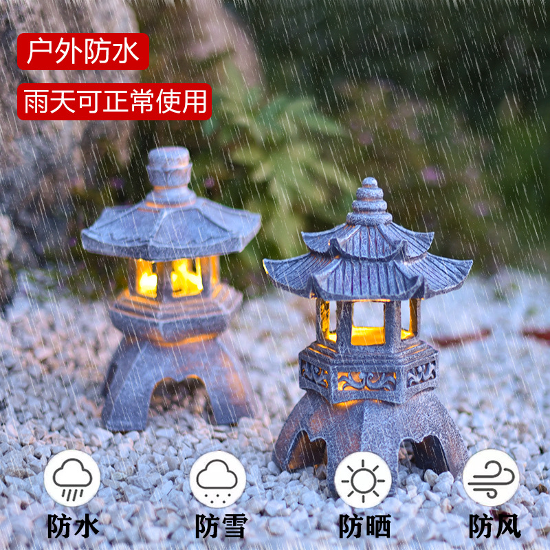 Outdoor solar-powered new Chinese-style palace lantern statue ornaments, outdoor Buddhist implements, Zen-inspired stone pagoda statues, resin handicrafts Specification drawing