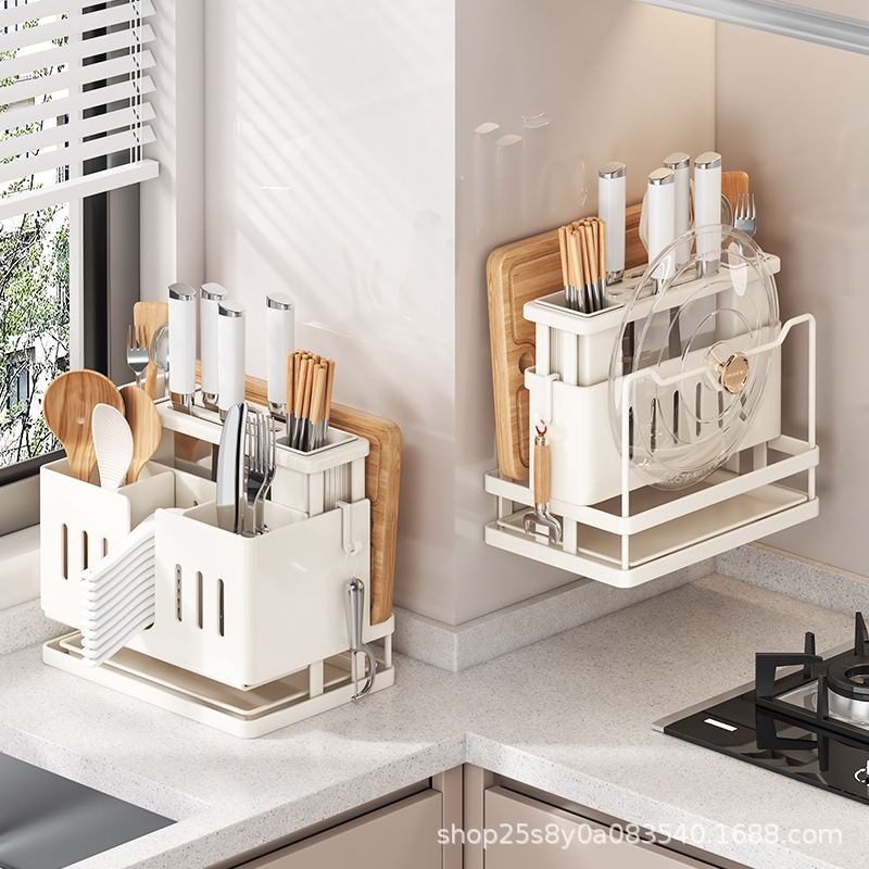 New multi-functional knife rack, chopstick storage box, integrated storage rack, kitchen storage rack, countertop wall-mounted chopping board rack details Picture