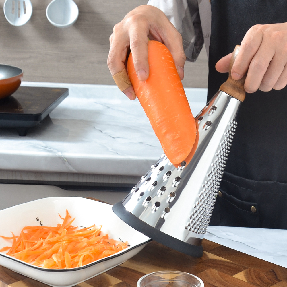 Cross-border stainless steel wooden handle conical grater, kitchen multi-functional three-sided grater, fruit, cheese and cheese grater Specification drawing