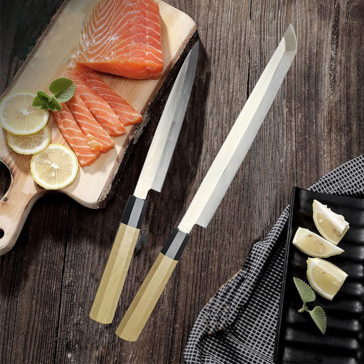 sashimi knife, a Japanese cuisine knife made of two-piece steel, features sashimi and salmon with a horn-shaped handle full figure