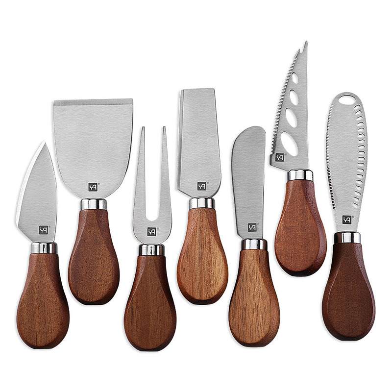 High-quality cheese tools from the factory, including knives, forks, spatulas, acacia wood cheese knives, stainless steel titanium-coated cheese knives, and cheese knives full figure