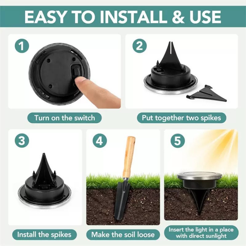 New outdoor solar 8-LED stainless steel ground light, courtyard lawn light, road and garden waterproof ground plug light Specification drawing