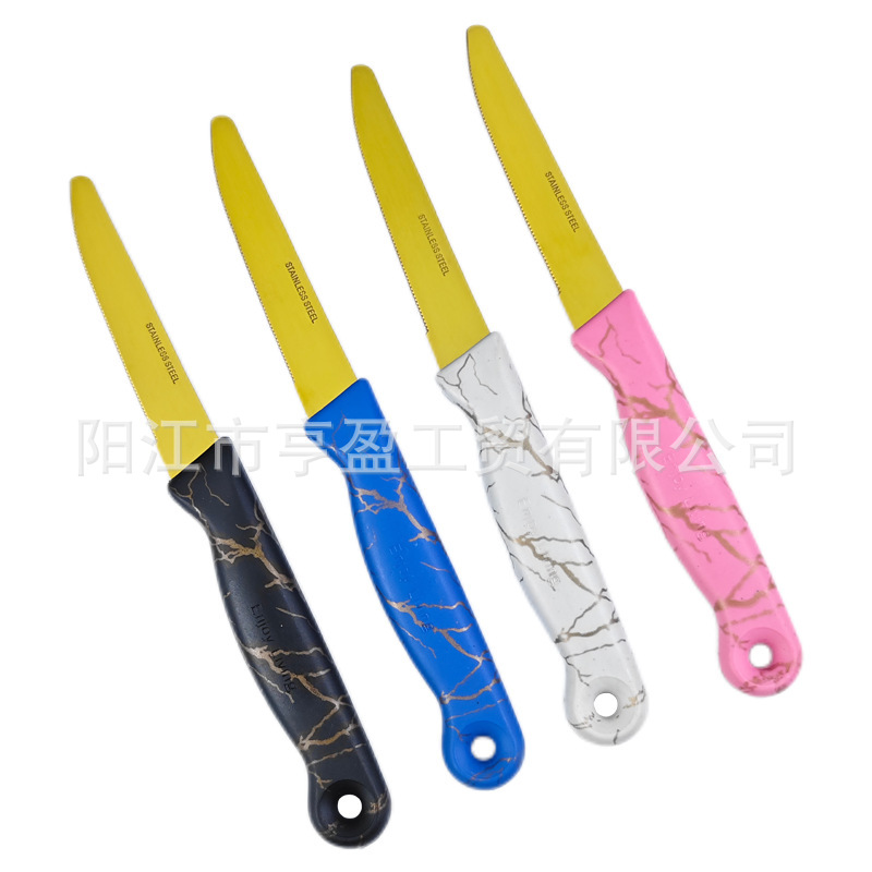 Cross-border best-selling plastic handle golden serrated steak knife and fruit knife wholesale household stainless steel fruit steak knife Item Picture