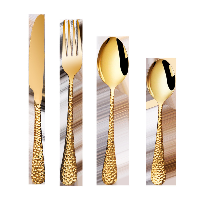 High-quality appearance level steak knives, forks and spoons, gold-plated French 304 stainless steel, European-style tableware, court-style Western dining tableware Item Picture