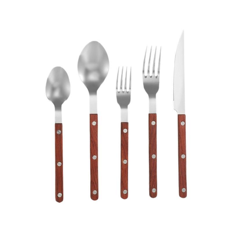 Stainless steel Western tableware with solid wood handles, steak knives, spoons, chopsticks, forks, dessert spoons, five-piece set of tableware Item Picture