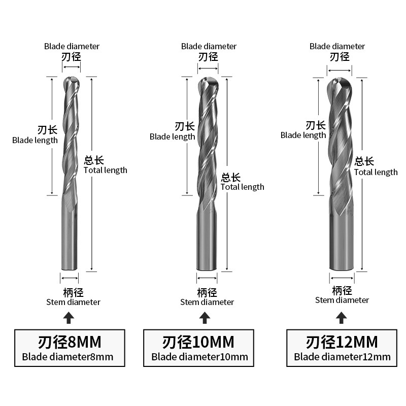 Hard Bar double-edge helical ball end mill, tungsten steel woodworking relief CNC tool, thread ball end mill, precision Specification drawing