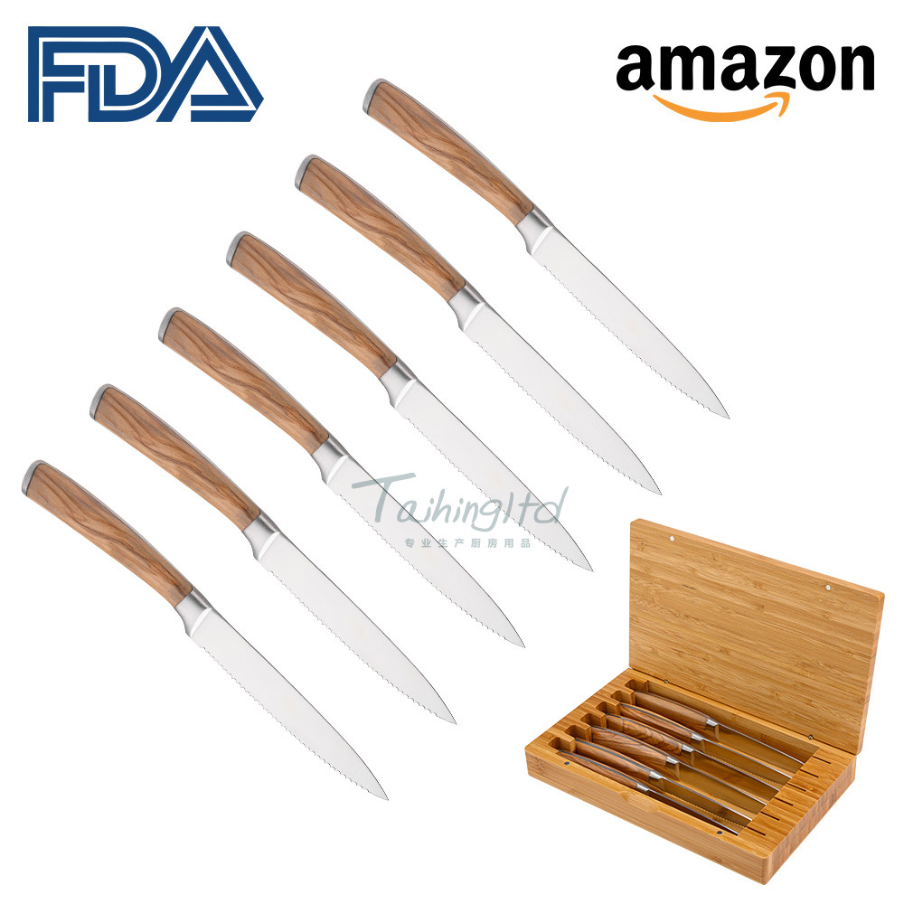 New six-piece set: Olive Wood Steak knife, 420J2 stainless steel Western dining knife full figure