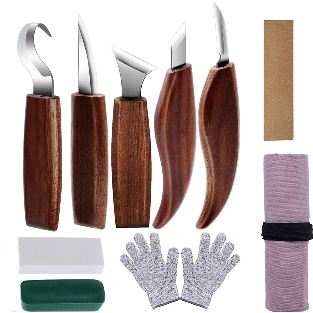 Cross-border walnut wood chrome-vanadium steel carving knife, wood shaving knife, wood scraping knife, spoon knife, woodworking carving set undefined