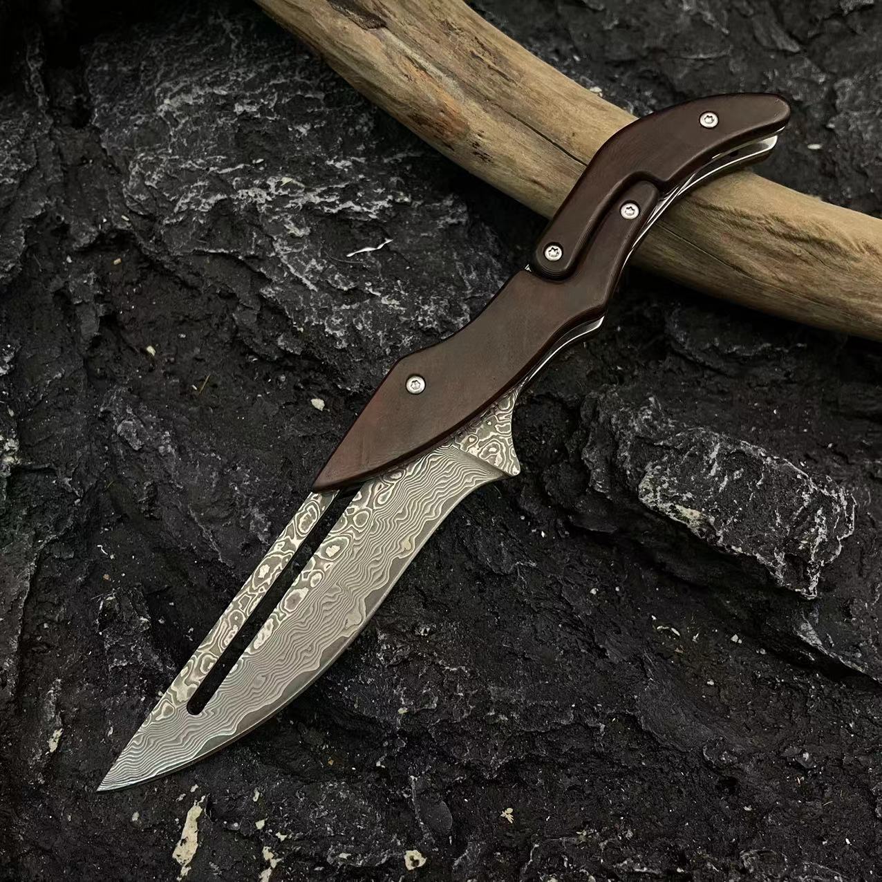 New mechanical style folding knife, outdoor portable self-defense Damascus steel knife, high-hardness sharp fruit knife undefined