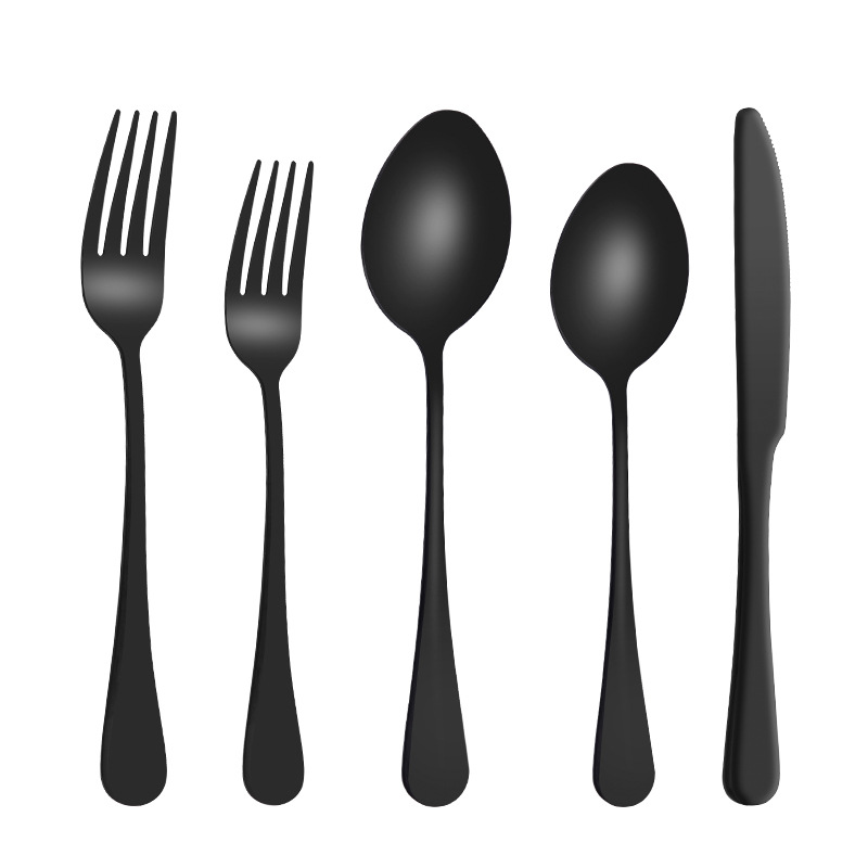 Five sets of creative stainless steel tableware, titanium-coated matte black Western-style steak knives, forks and spoons Item Picture