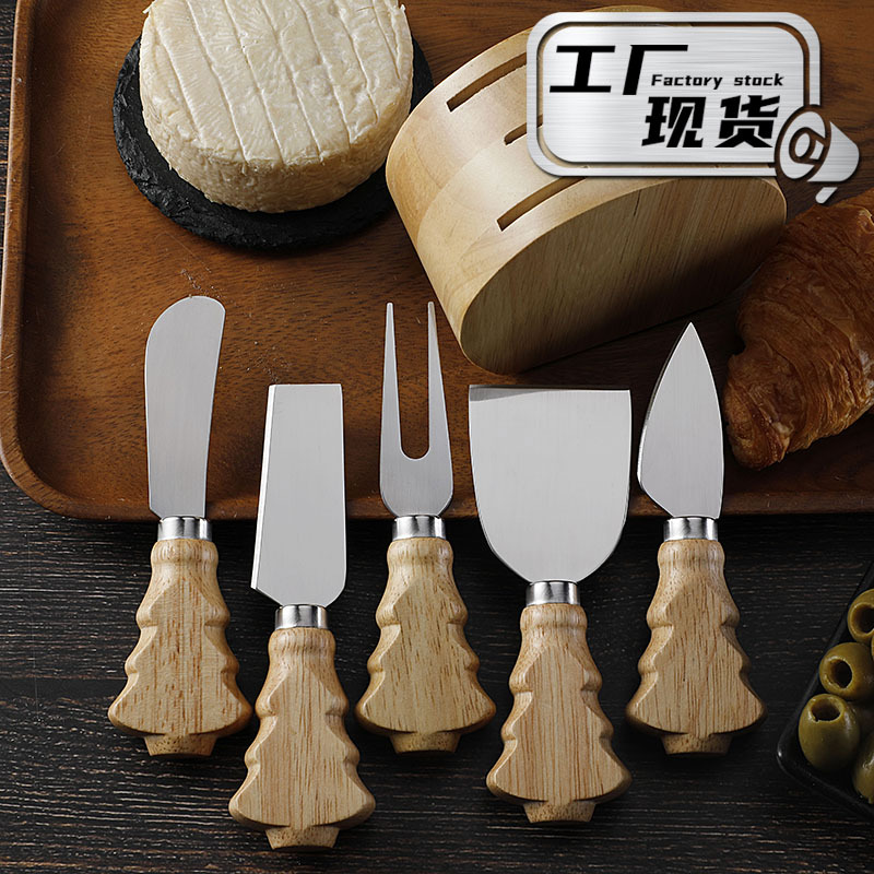 Cross-border cheese knife, rubberwood storage rack, Christmas tree handle, cheese knife set, 5-piece set, cream knife with knife holder details Picture